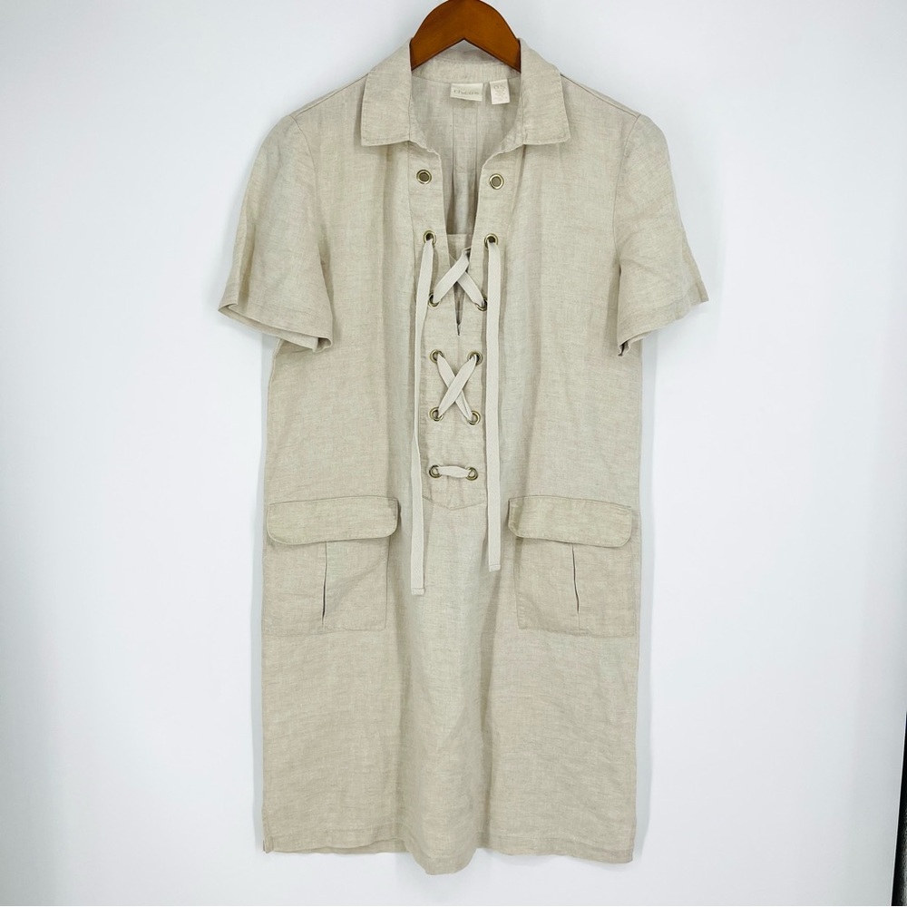 Chico’s 100% Linen Tan Tie Front Collar Safari Dress Midi Pocket 0.5 M-L Natural